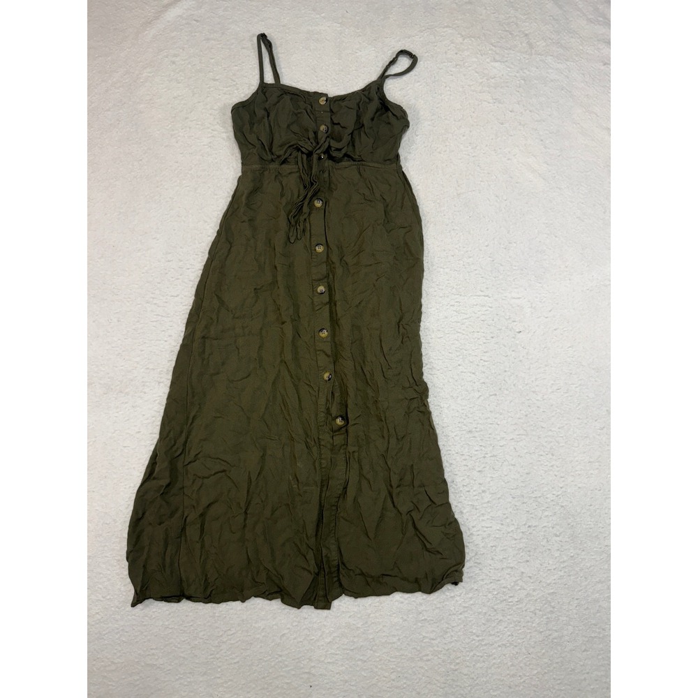 Mimi Chica Olive Green Button Down Maxi Dress XS Boho Rayon Tie Front DFS370